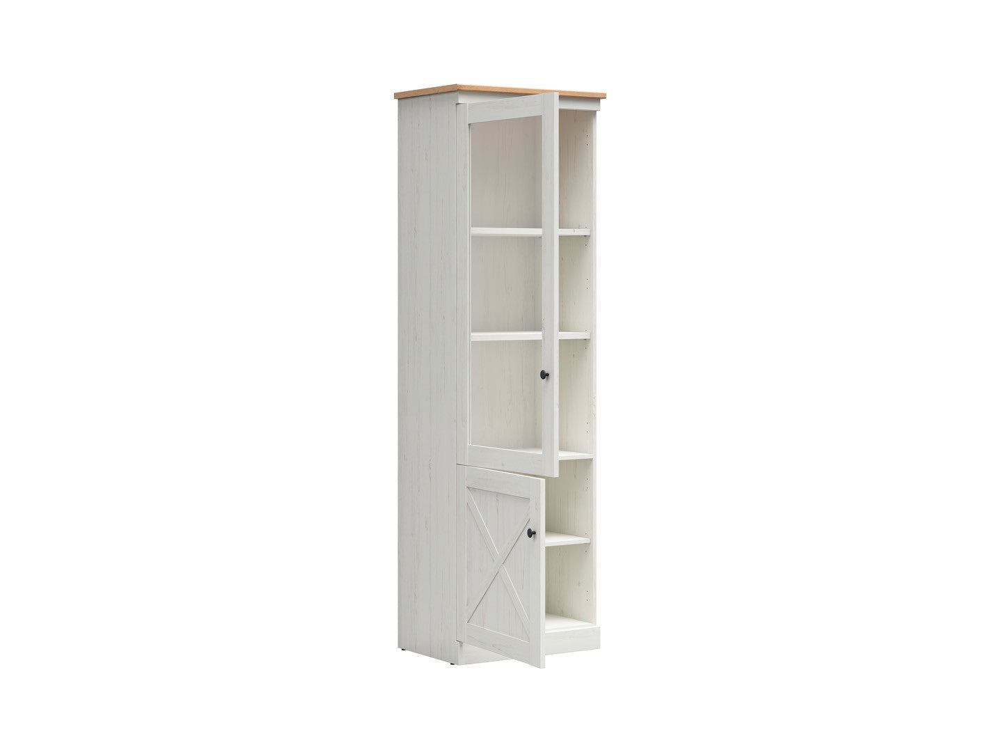 Frija Display Cabinet 63 cm – Andersen Pine White & Artisan Oak, Glazed Upper Door, Shelves
