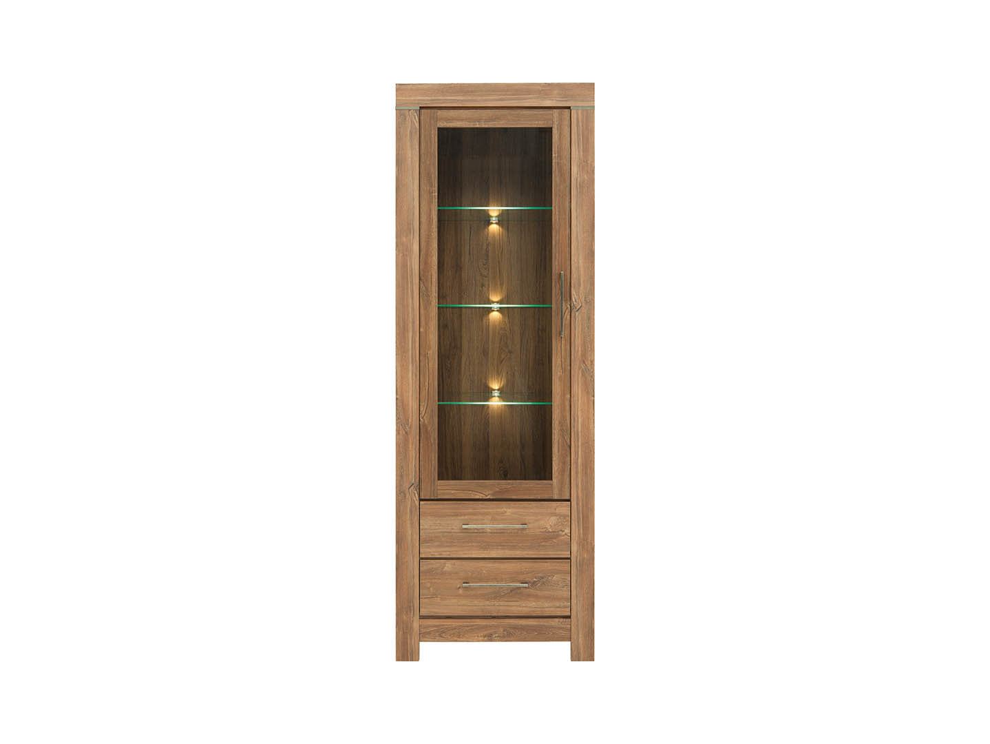 Gent Display Cabinet | Stirling Oak | LED Lighting | Glass Shelves + 2 Drawers | 68×200 cm