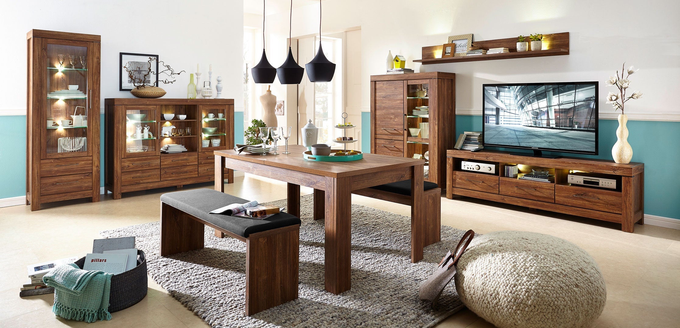 Gent Display Cabinet | Stirling Oak | LED Lighting | Glass Shelves + 2 Drawers | 68×200 cm
