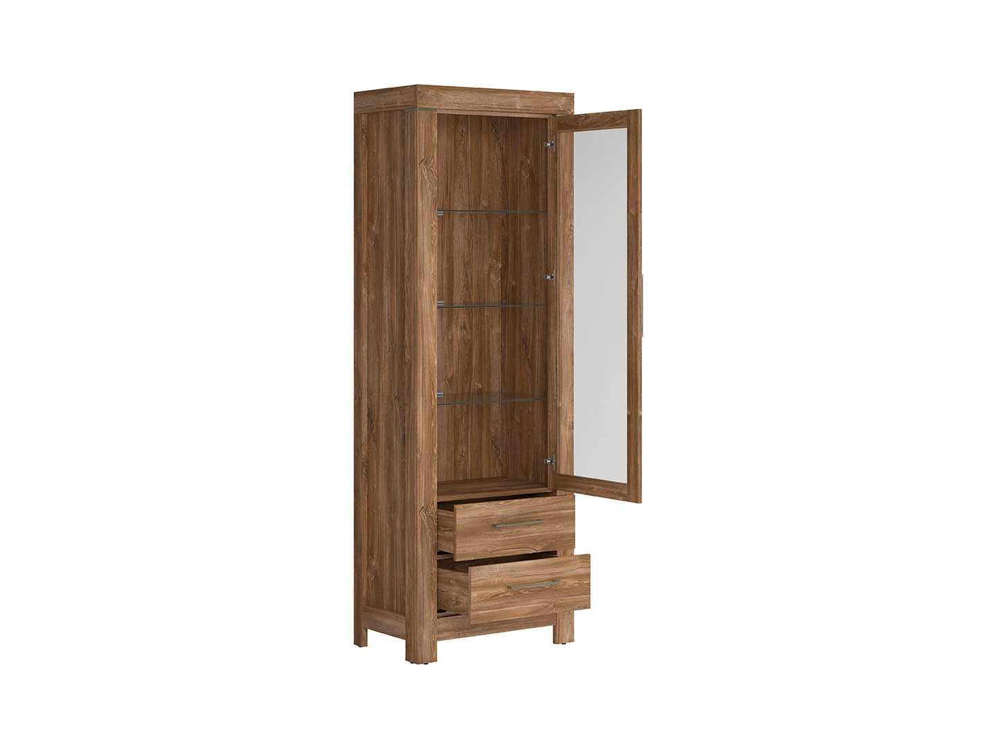 Gent Display Cabinet | Stirling Oak | LED Lighting | Glass Shelves + 2 Drawers | 68×200 cm