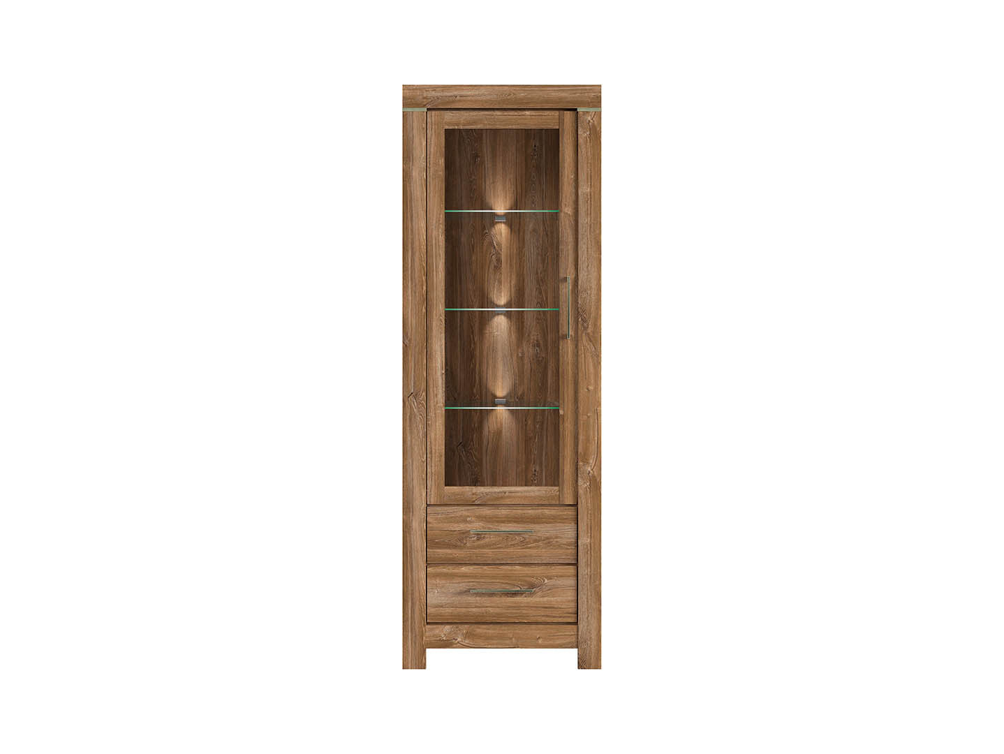Gent Display Cabinet | Stirling Oak | LED Lighting | Glass Shelves + 2 Drawers | 68×200 cm