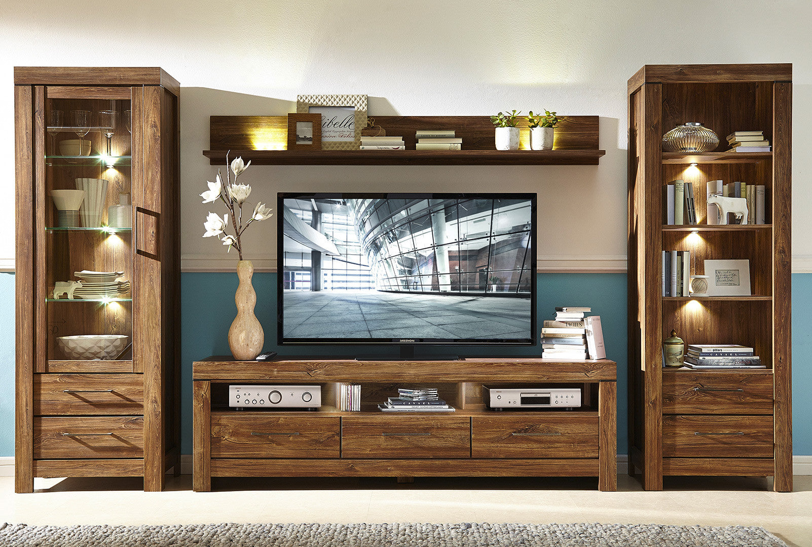 Gent Display Cabinet | Stirling Oak | LED Lighting | Glass Shelves + 2 Drawers | 68×200 cm