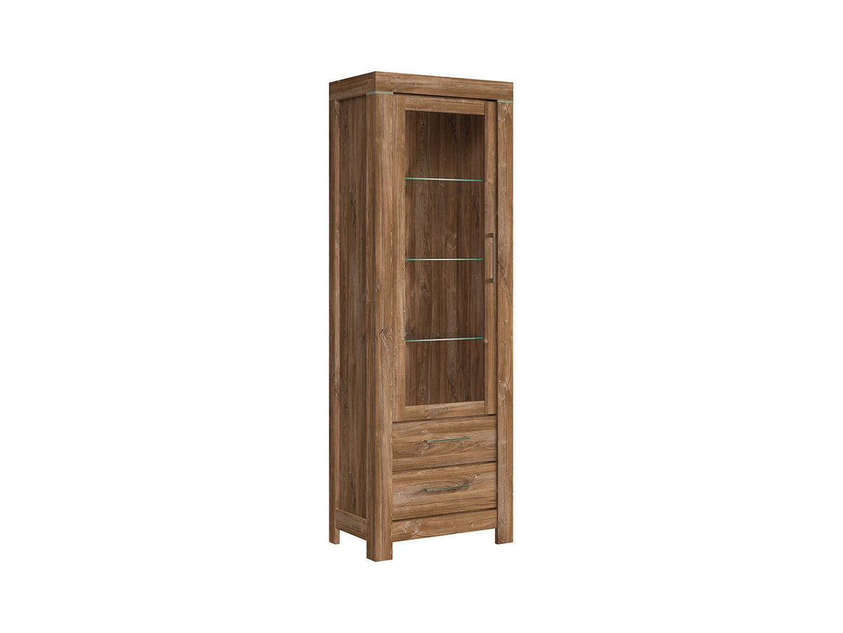 Gent Display Cabinet | Stirling Oak | LED Lighting | Glass Shelves + 2 Drawers | 68×200 cm