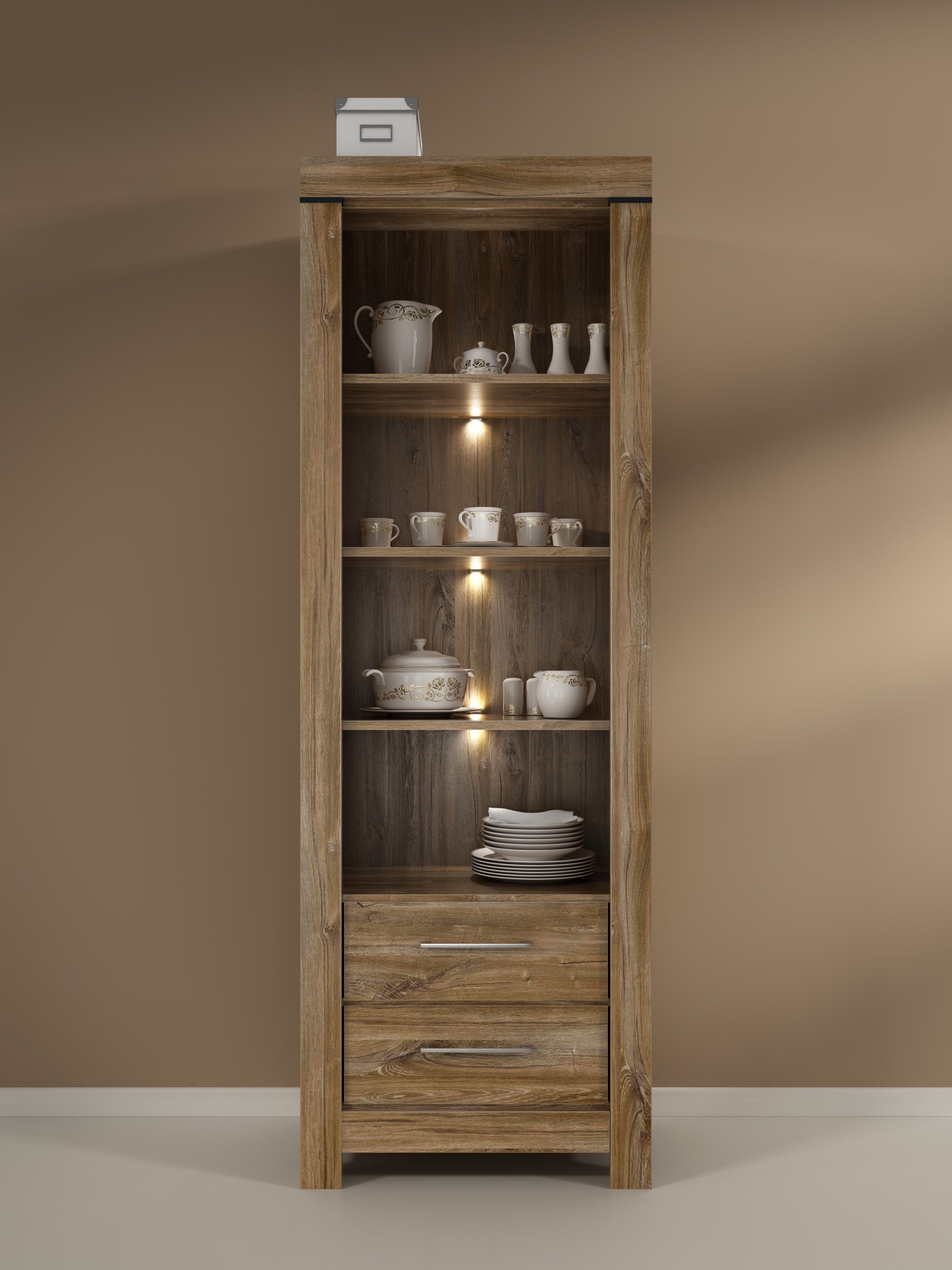 Gent Display Cabinet | Stirling Oak | LED Lighting | Glass Shelves + 2 Drawers | 68×200 cm