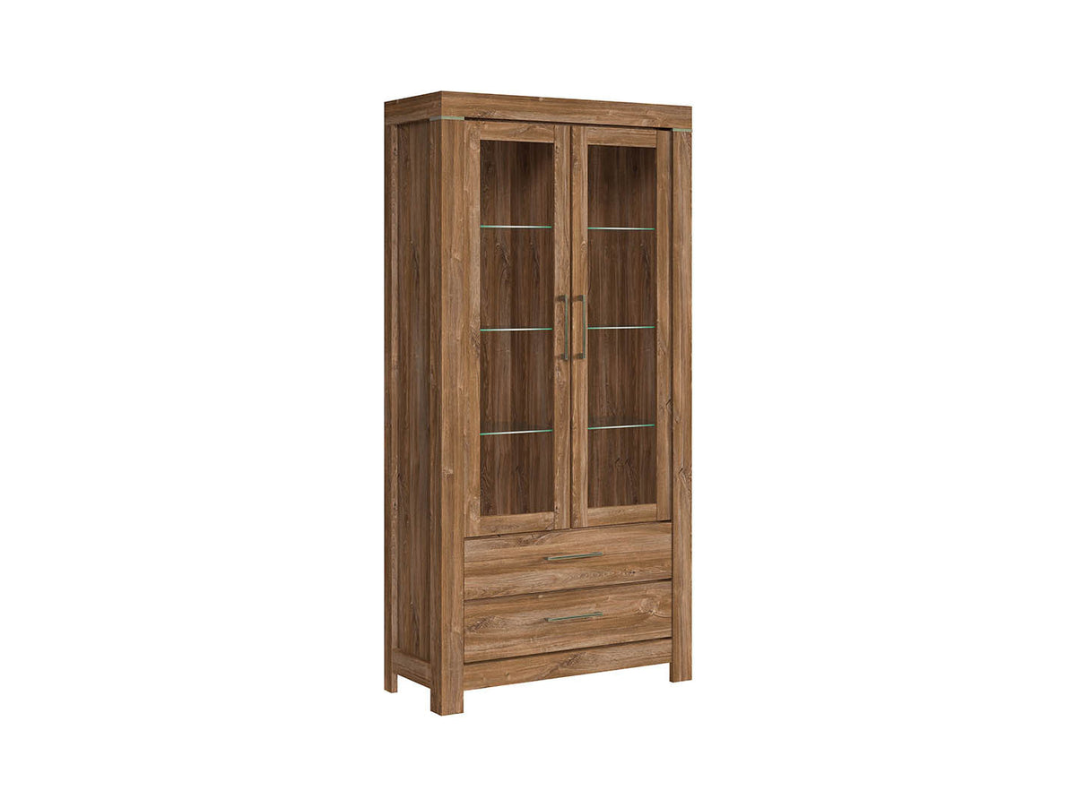 Gent Display Cabinet with Glass Doors, LED Lighting & 2 Drawers | Stirling Oak | 98x201cm