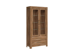Gent Display Cabinet with Glass Doors, LED Lighting & 2 Drawers | Stirling Oak | 98x201cm