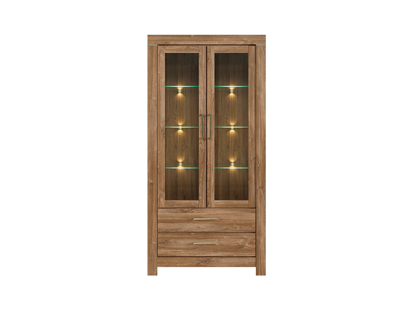 Gent Display Cabinet with Glass Doors, LED Lighting & 2 Drawers | Stirling Oak | 98x201cm