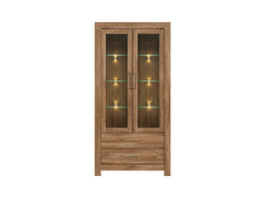 Gent Display Cabinet with Glass Doors, LED Lighting & 2 Drawers | Stirling Oak | 98x201cm