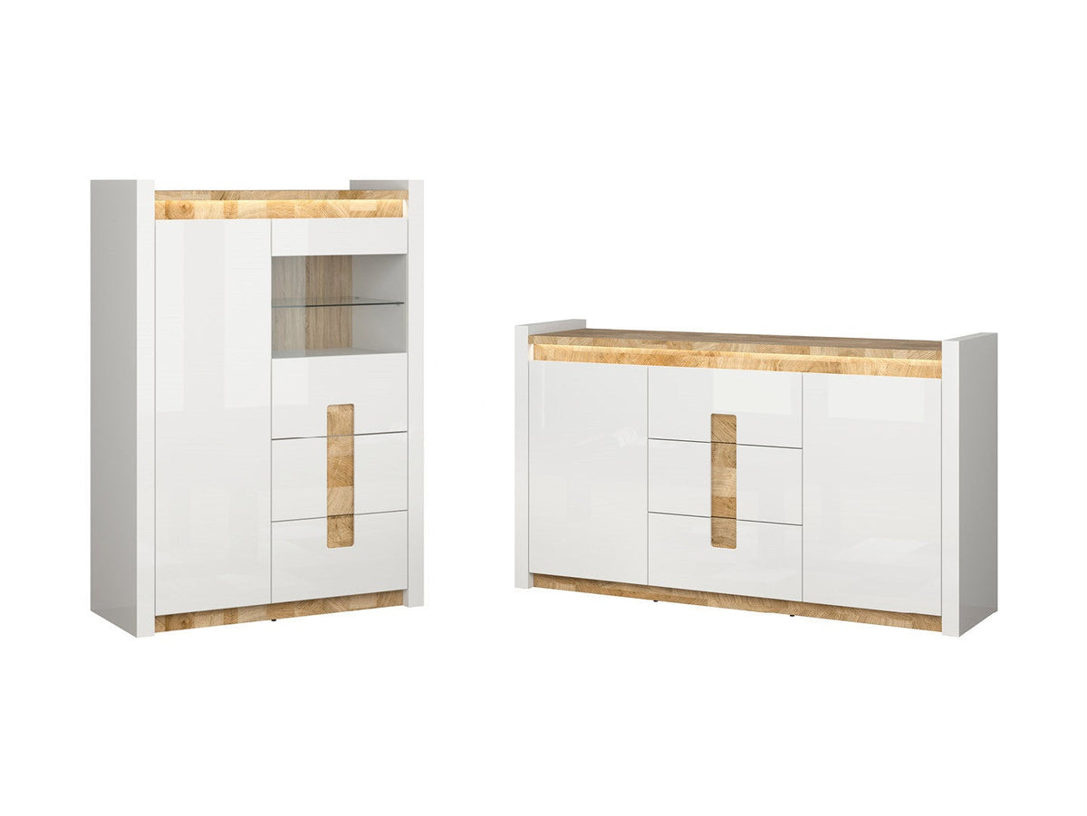 Alameda Living Room Set | Chest of Drawers & Display Cabinet | White Gloss & Westminster Oak | LED