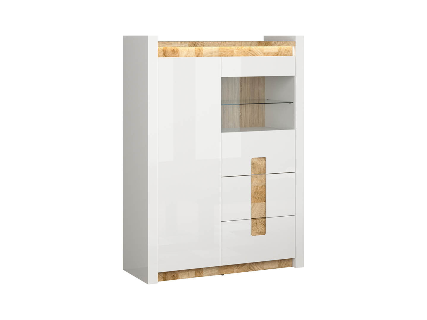 Alameda Living Room Set | Chest of Drawers & Display Cabinet | White Gloss & Westminster Oak | LED