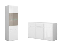 Azteca Trio Living Room Set – Chest of Drawers 150 cm + Display Cabinet 60 cm | White High Gloss | Soft-Close & LED