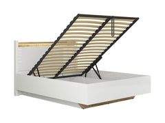 Alameda Bed 140 + Merida Mattress Set – Gas-Lift Storage Bed with LED & Multipocket Spring Mattress | White Gloss / Westminster Oak
